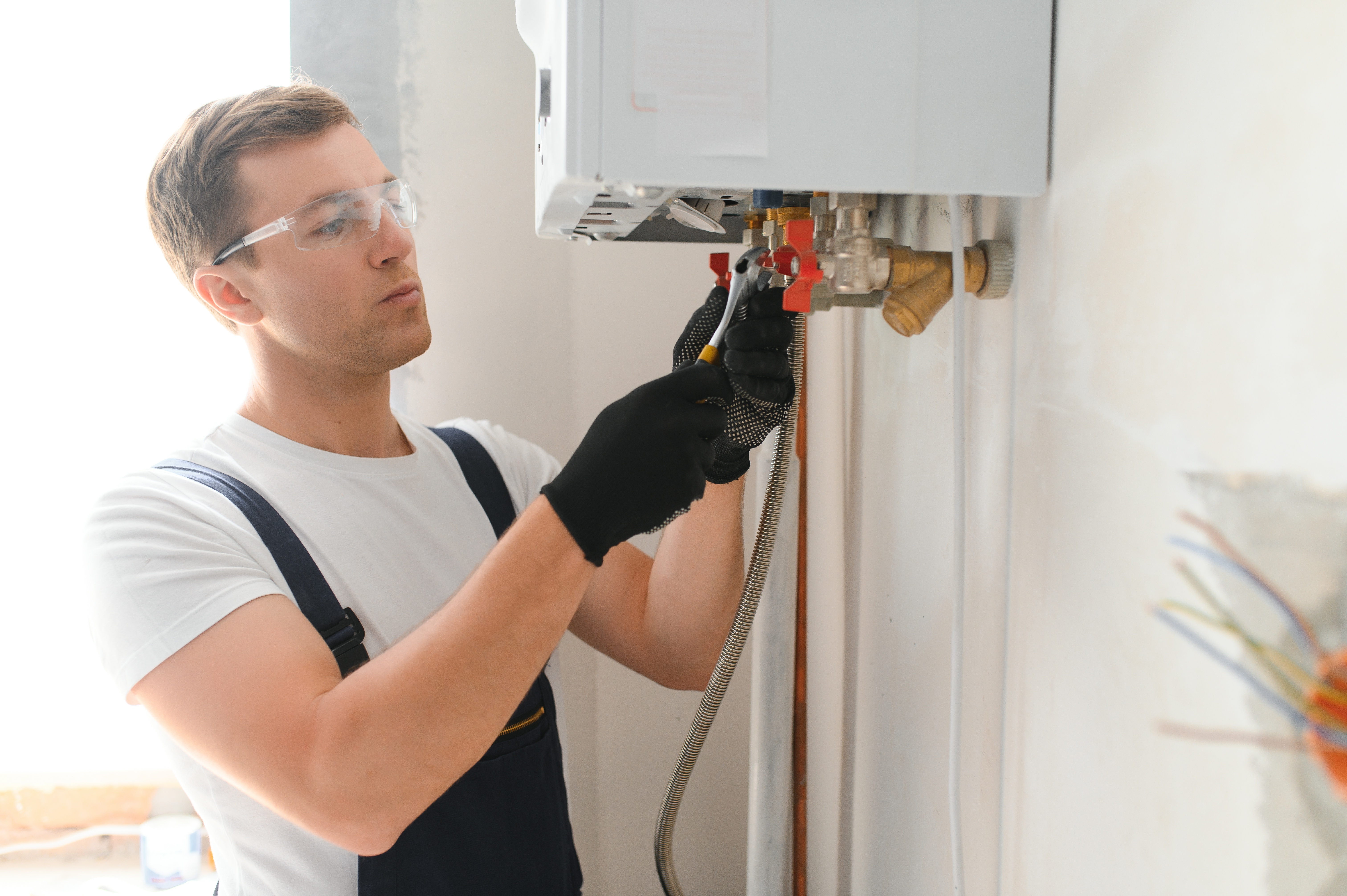 A heating engineer carrying out boiler maintenance and repair in a residential property where someone has asked should I repair or replace my boiler?