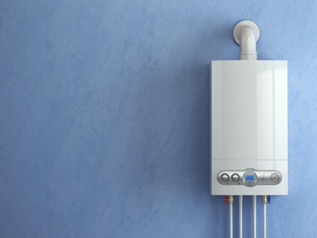 Wall-mounted home boiler representing the cost for a boiler service in the UK.